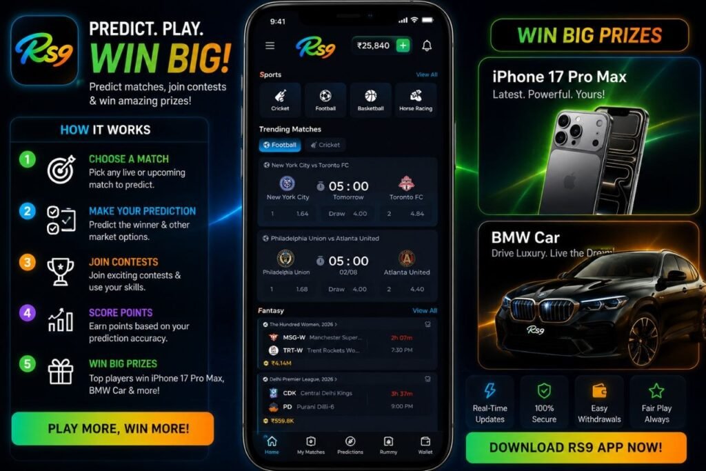 RS9 sports prediction platform featuring cricket, football, basketball, fantasy contests, live match predictions, and exciting prize rewards.