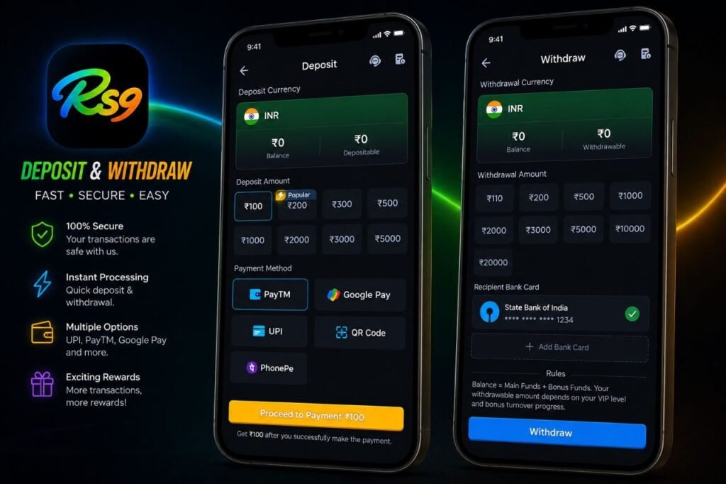 RS9 App deposit and withdrawal screen showing secure INR transactions with UPI, Paytm, Google Pay, and bank withdrawal options.