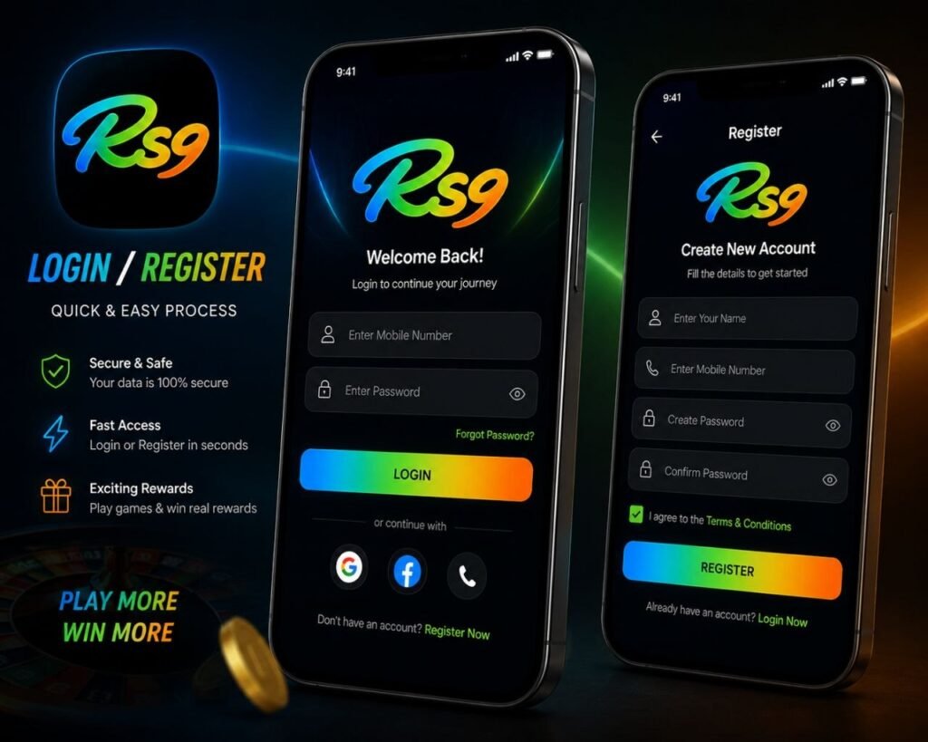 RS9 Game login and registration page featuring secure account access, mobile sign-up, password protection, and quick user registration.