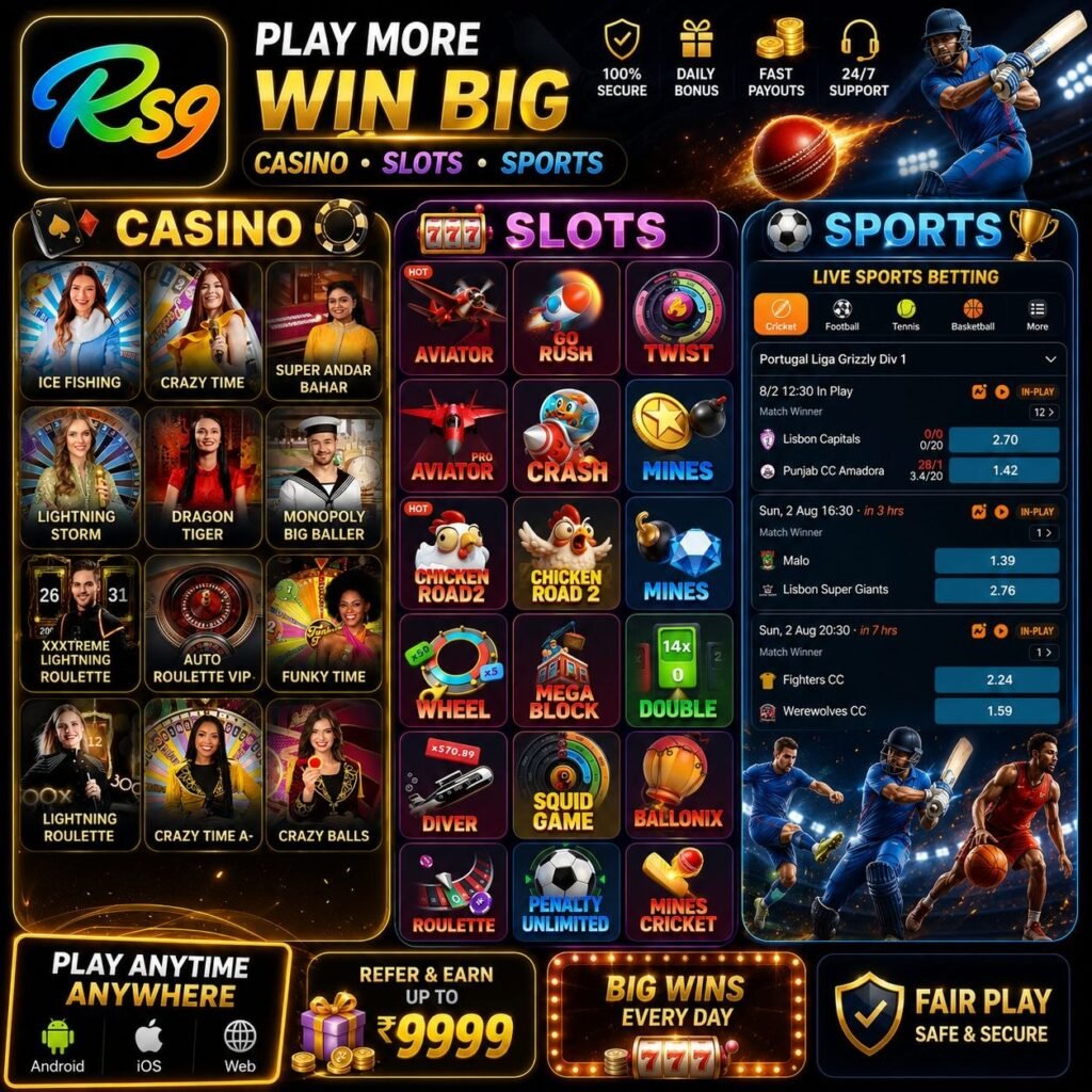 RS9 Game platform featuring casino games, slot games, sports predictions, live sports events, rewards, bonuses, and secure online gaming options.