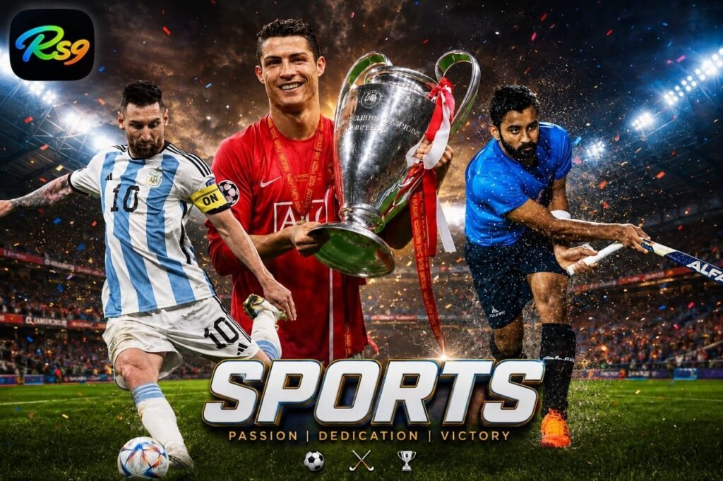 RS9 Slots sports banner featuring football, cricket, championship trophy, stadium lights, and competitive sports action.