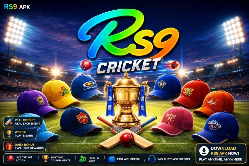 RS9 Cricket APK promotional banner featuring cricket stadium, trophy, cricket bats, ball, team caps, daily bonus, tournaments, and fast withdrawal features.